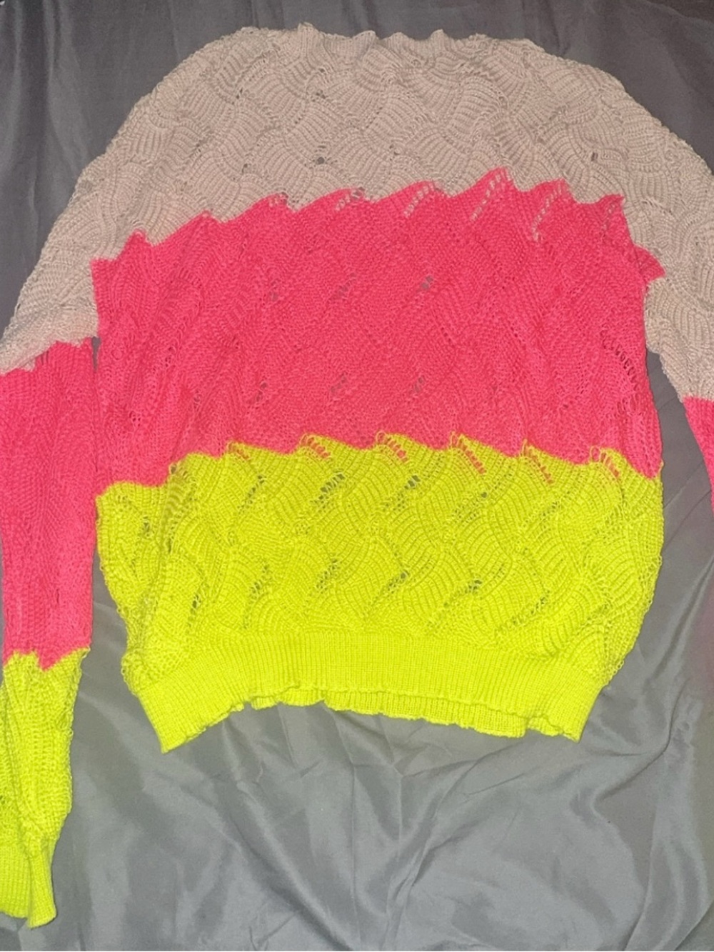 SHEIN Tri‑Tone Open Knit Crewneck Sweater - Hot Pink, Neon Yellow & Beige